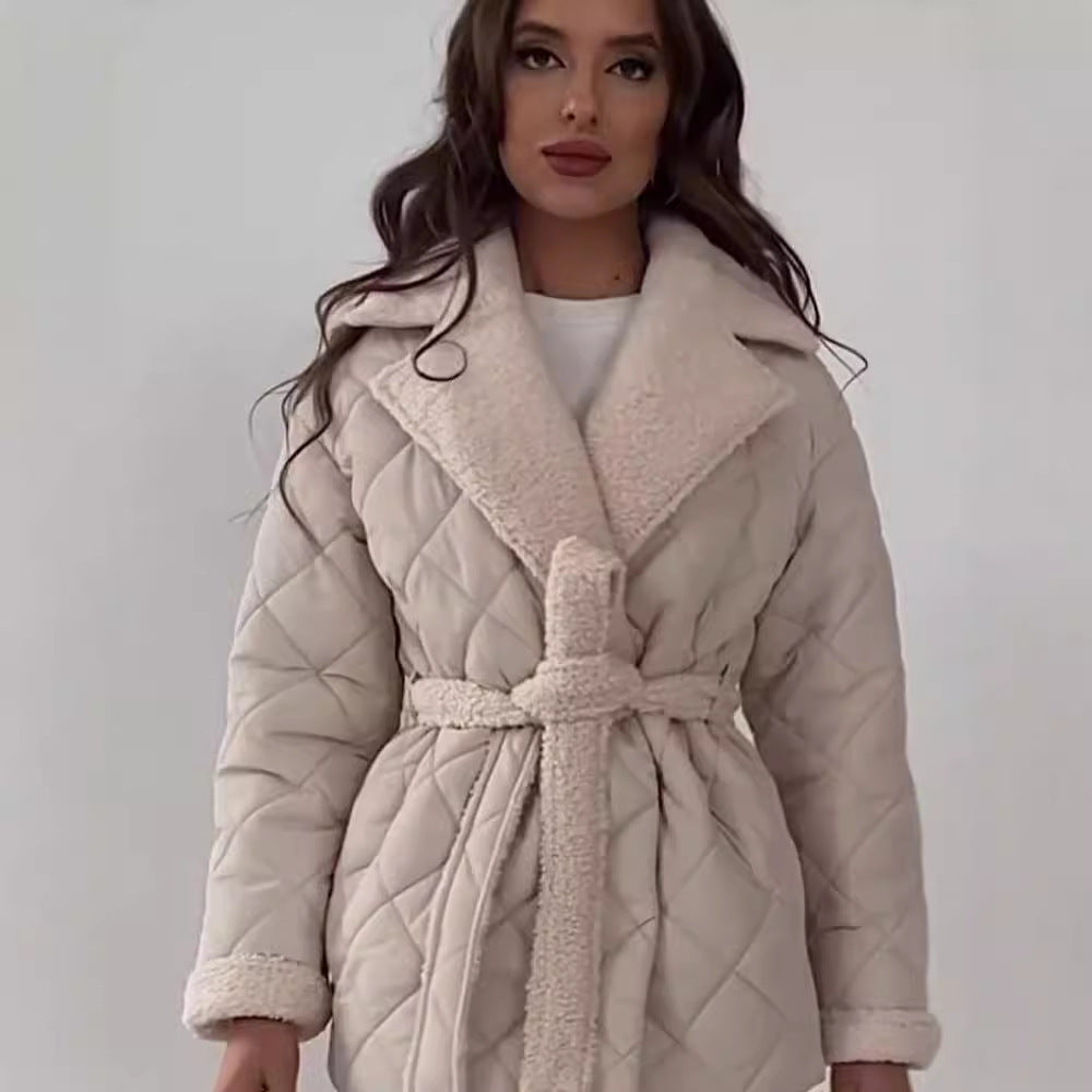 Damen gesteppte Winterjacke mit weichem Kragen und Gürtel Drune