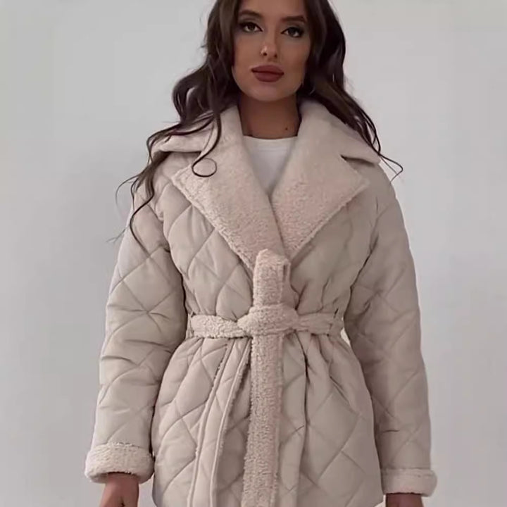 Damen gesteppte Winterjacke mit weichem Kragen und Gürtel Drune