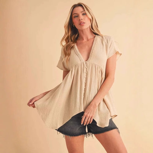 Damen lässige Hemdbluse mit V-Ausschnitt und asymmetrischem Saum Drune