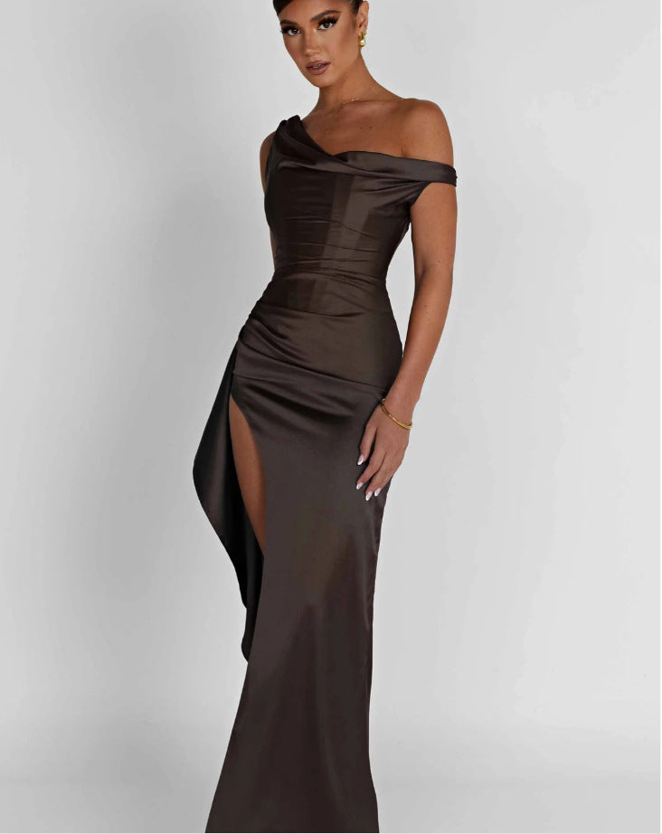 Damen elegantes One-Shoulder Maxikleid mit hohem Schlitz und figurbetontem Design Drune