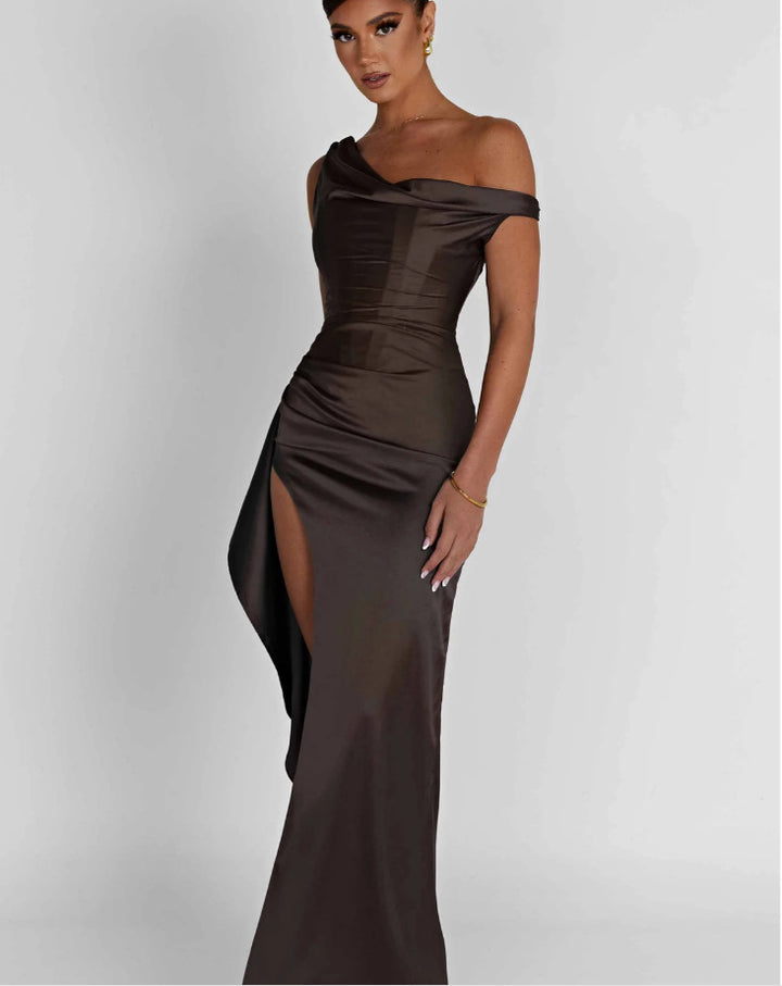 Damen elegantes One-Shoulder Maxikleid mit hohem Schlitz und figurbetontem Design Drune
