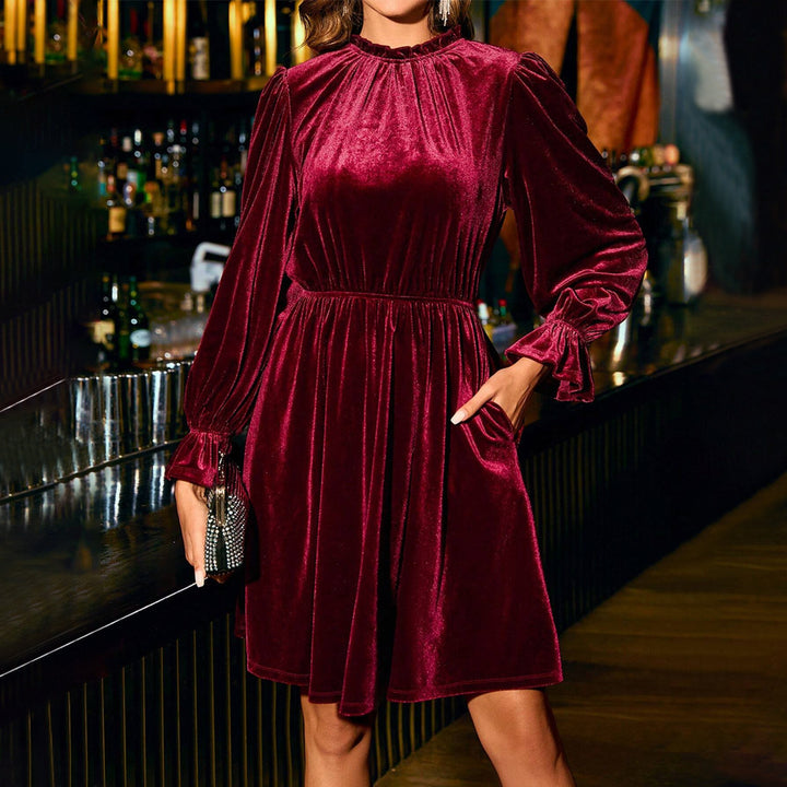 Damen Samtliches Abendkleid mit langen Puffärmeln und elastischem Bund Drune