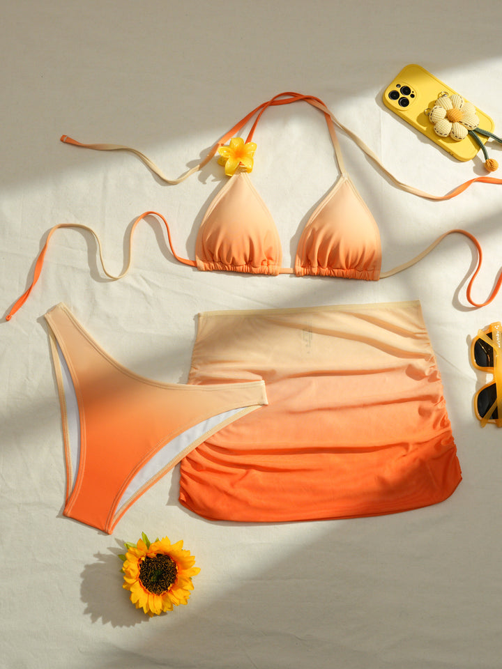 Damen Triangel-Bikini Set mit floralem Detail und Wickelrock Drune