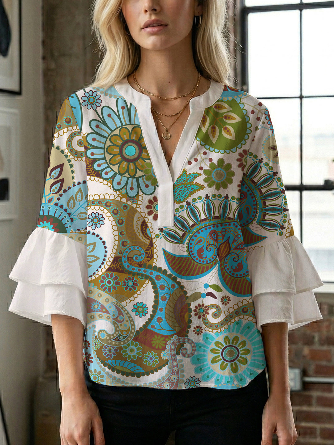 Damen Bluse mit voluminösen Rüschenärmeln und kreativem Floraldesign Drune