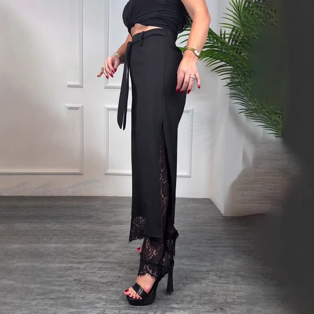 Damen elegante lange Hose mit transparenter Spitze und Schlitzen Drune