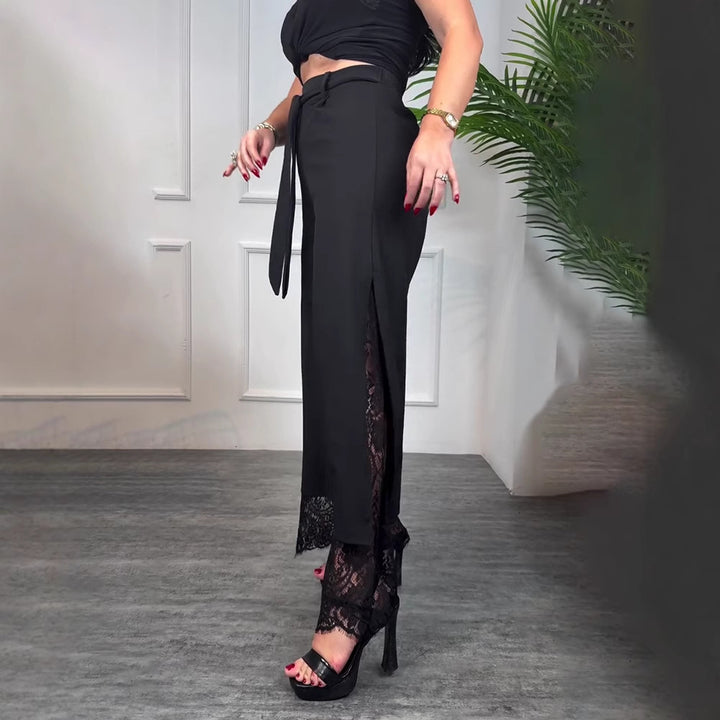 Damen elegante lange Hose mit transparenter Spitze und Schlitzen Drune