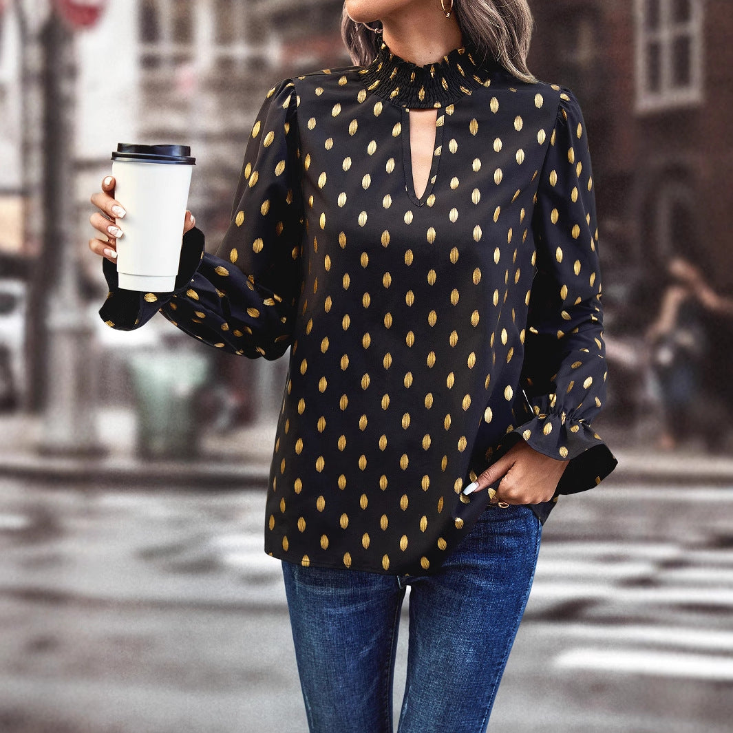 Damen elegante Bluse mit modischem Halsausschnitt und goldenen Akzenten Drune