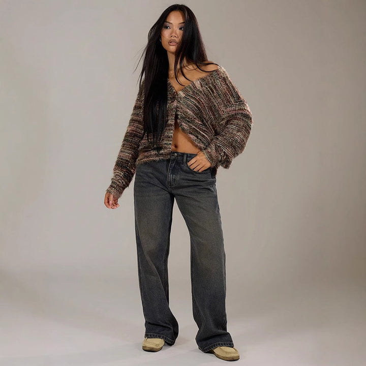 Damen luftiger Strickpullover mit tiefem V-Ausschnitt und charmantem Farbverlauf Drune