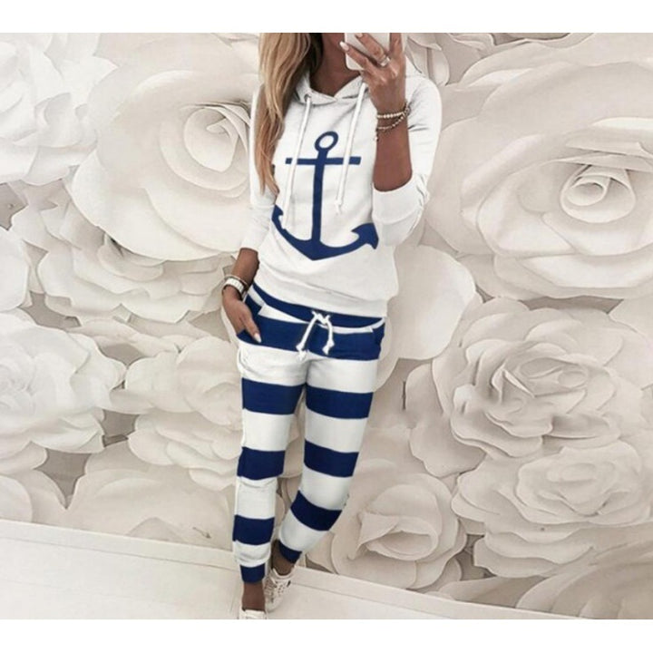 Damen Freizeit-Hoodie mit maritimem Ankerdesign und gestreiften Jogginghose Drune