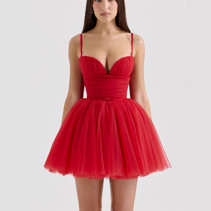 Damen Tüll Cocktailkleid mit tiefem V-Ausschnitt und gerafftem Oberteil Drune