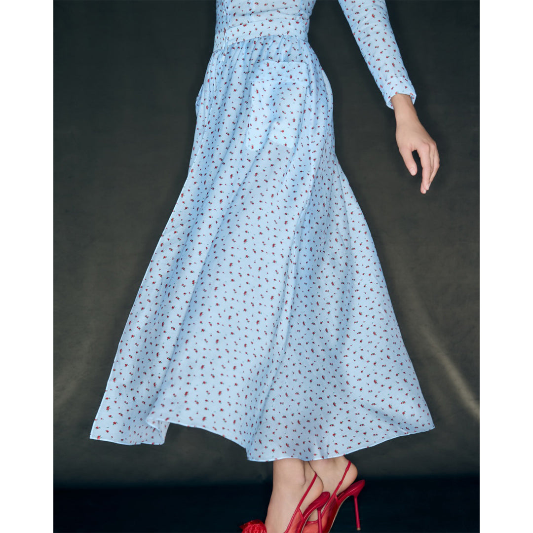 Damen Maxi-Silhouette Kleid mit eleganten Rüschendetails und Knopfleiste Drune