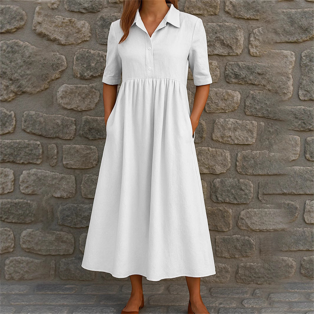 Damen legeres Midi-Kleid mit Knopfleiste und Taschen Drune