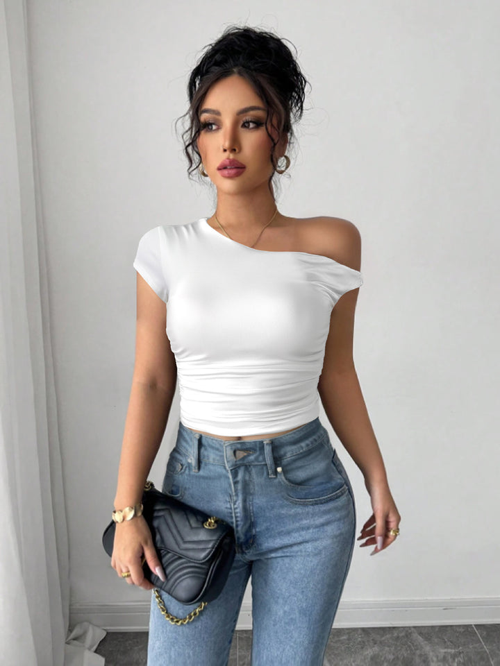 Damen Off-Shoulder Shirt mit Raffung und tailliertem Schnitt Drune