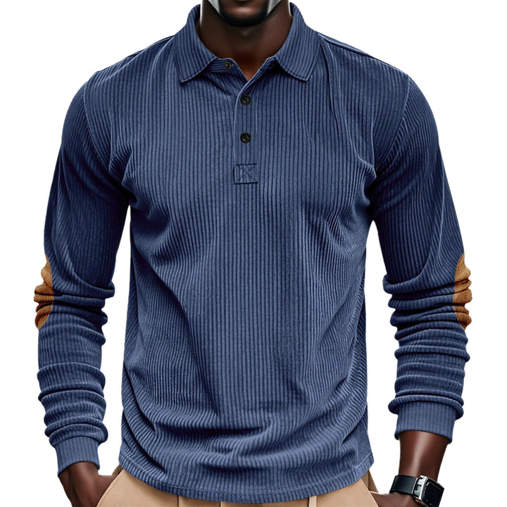 Herren nan geripptes Langarm-Poloshirt mit Henley-Knopfleiste und veloursähnlichen Ellbogenpatches Drune