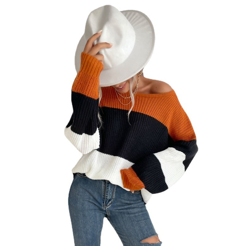 Damen lässiger Strickpullover mit modischem Blockdesign Drune