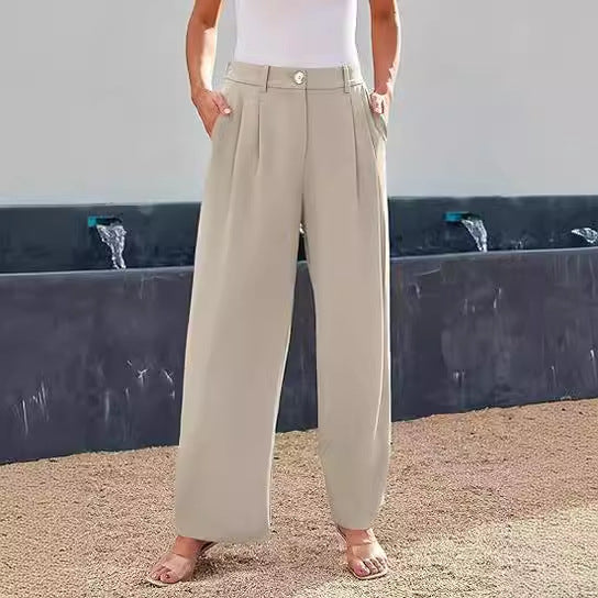 Damen weite High-Waist Stoffhose mit seitlichen Eingrifftaschen Drune
