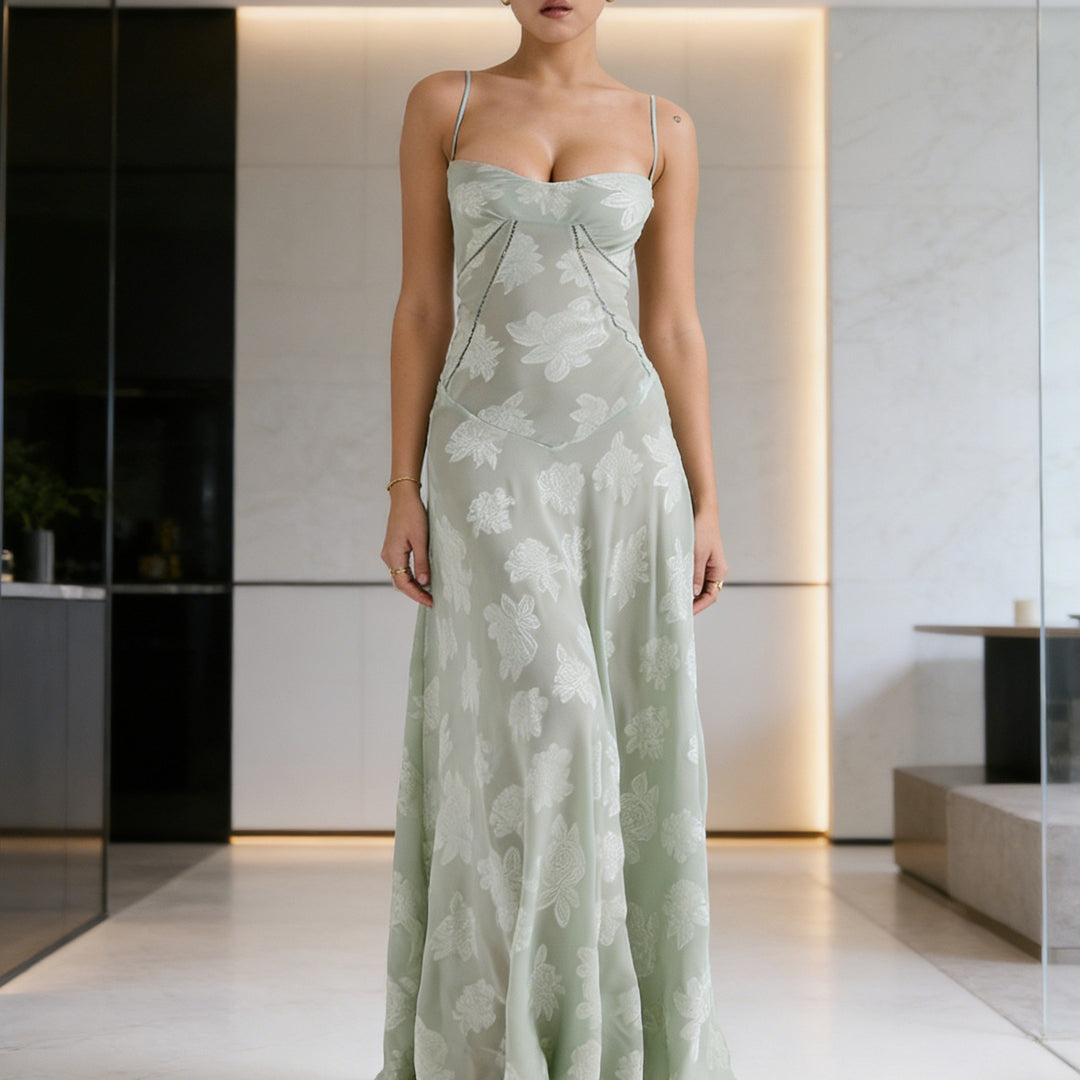 Damen Elegantes Abendkleid mit floralem Oberteil und schmalen Spaghetti-Trägern Drune