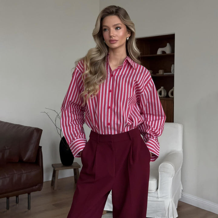 Damen gestreifte Bluse mit voluminösen Ärmeln und modischen Knopfdetails Drune