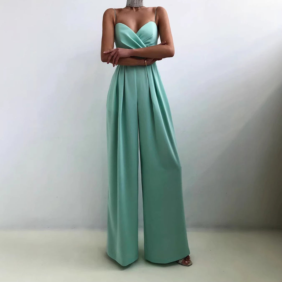 Damen eleganter Jumpsuit mit tiefem V-Ausschnitt und weiten Beinen Drune