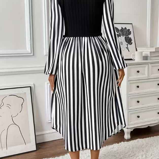 Damen Streifen Kleid mit tailliertem Oberteil und Knopfleiste Drune