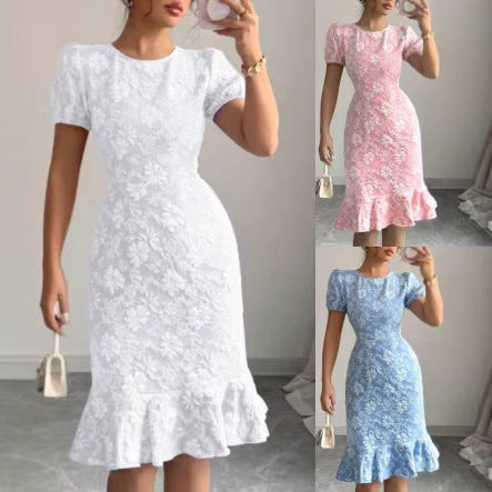 Damen Kleid mit floralem Spitzenmuster und fließendem Saum Drune