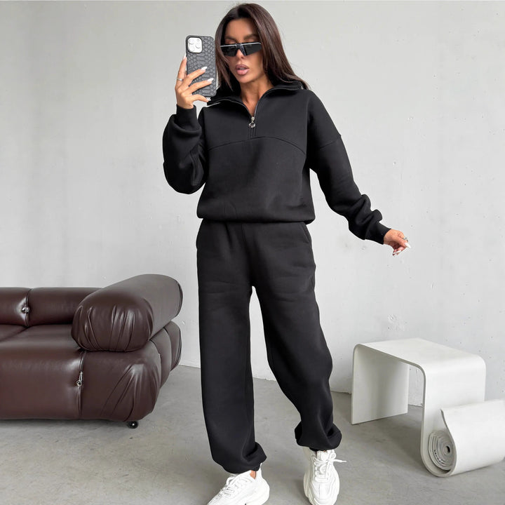 Damen modernes Freizeit-Loungewear-Set mit halbem Reißverschluss und elastischen Bündchen Drune