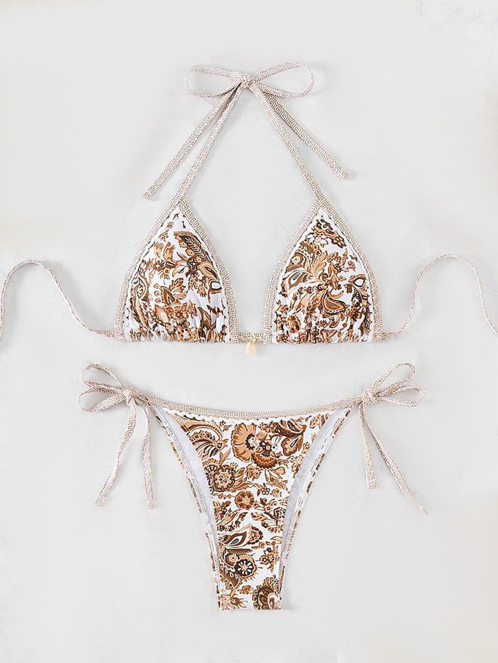 Damen Triangel-Bikini-Set mit verspieltem Blumenmuster und verstellbaren Bindebändern Drune