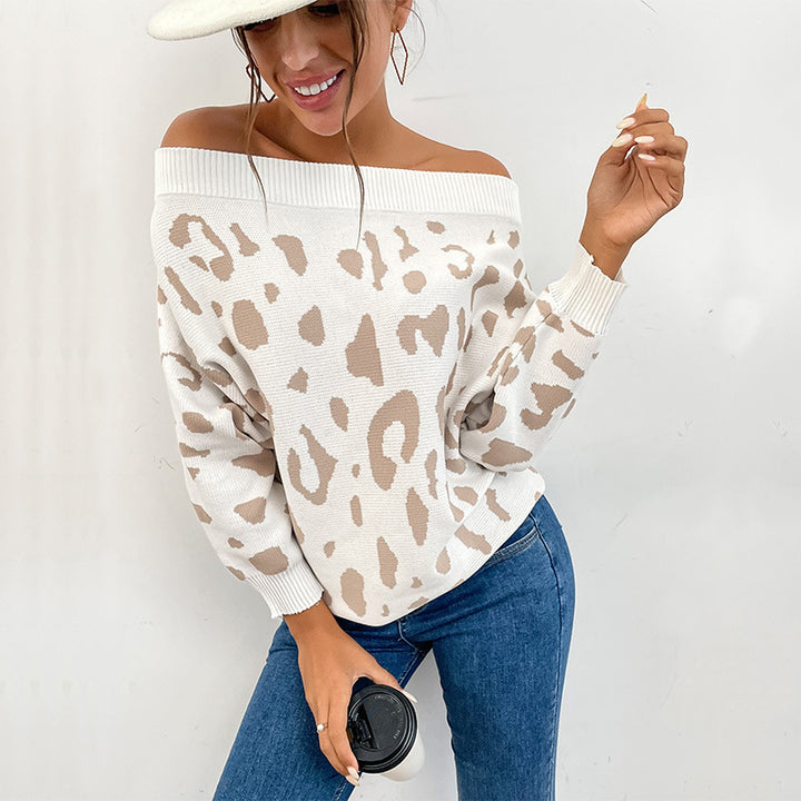 Damen lässiger Pullover mit Off-Shoulder-Design und Leopardenmustern Drune