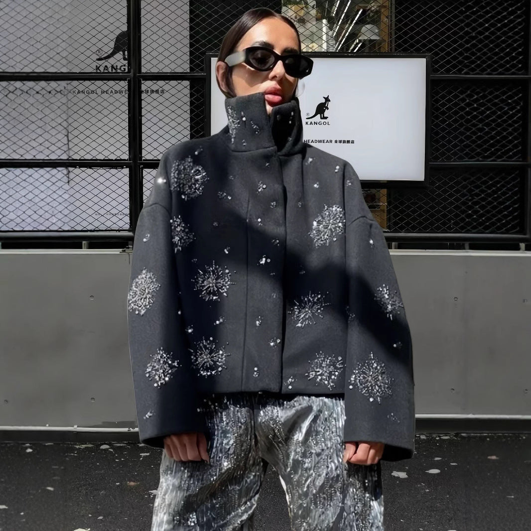 Damen Modische Oversized-Jacke mit funkelnden Applikationen Drune