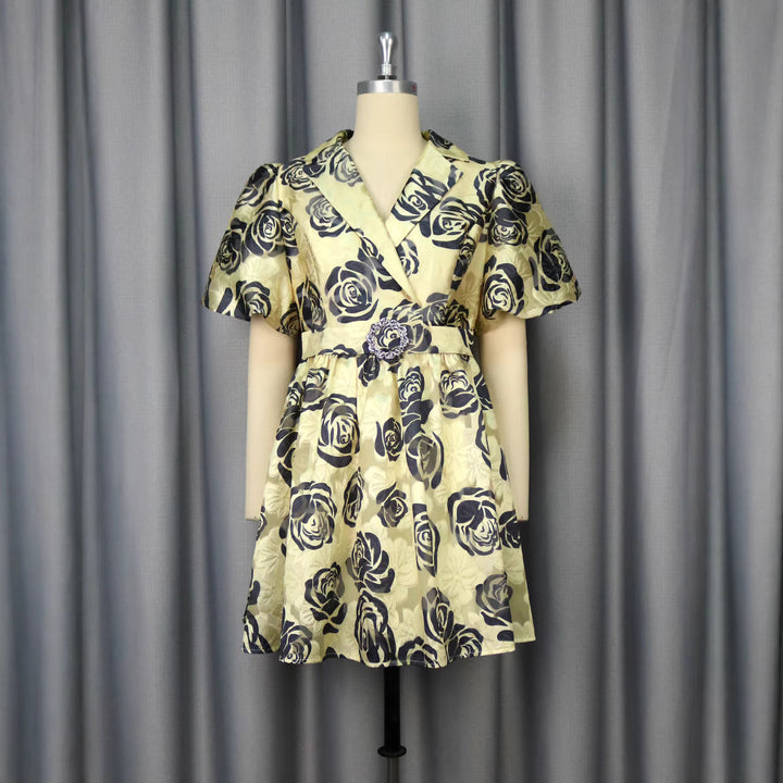 Damen Blumendesign Kurzkleid mit tailliertem Schnitt und auffälligen Puffärmeln Drune