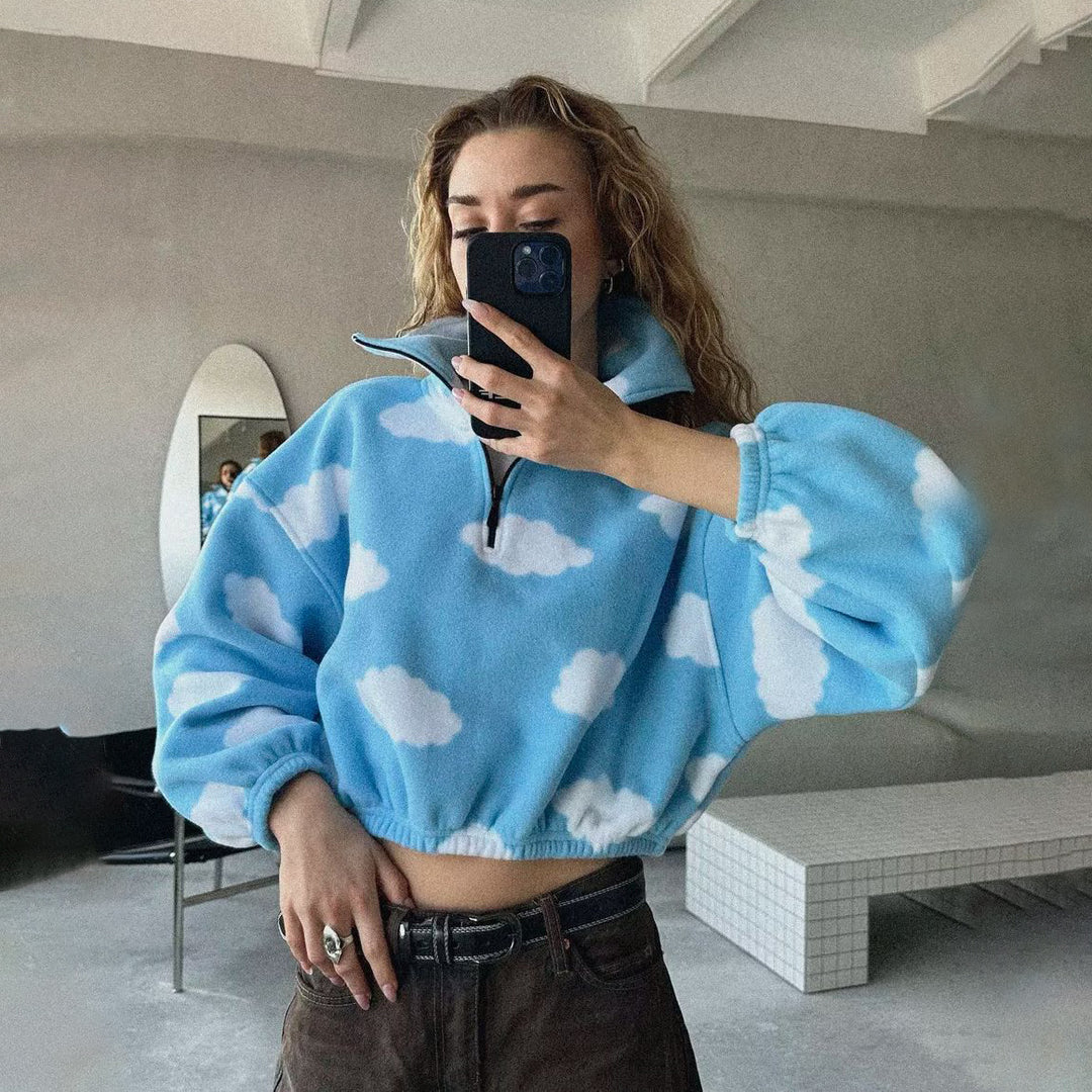 Damen Crop-Pullover mit Wolkenmuster Drune
