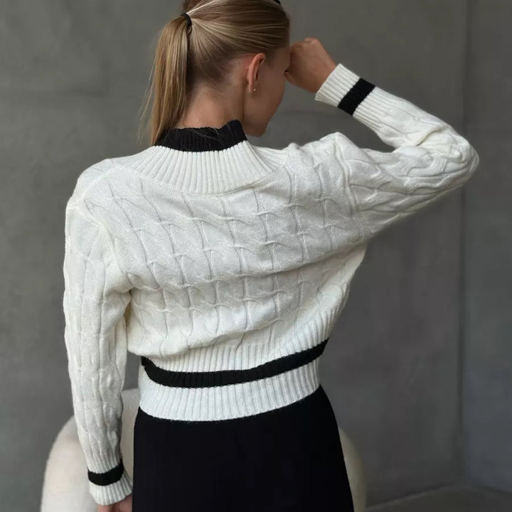 Damen Cropped Strickpullover mit V-Ausschnitt und Kontraststreifen Drune
