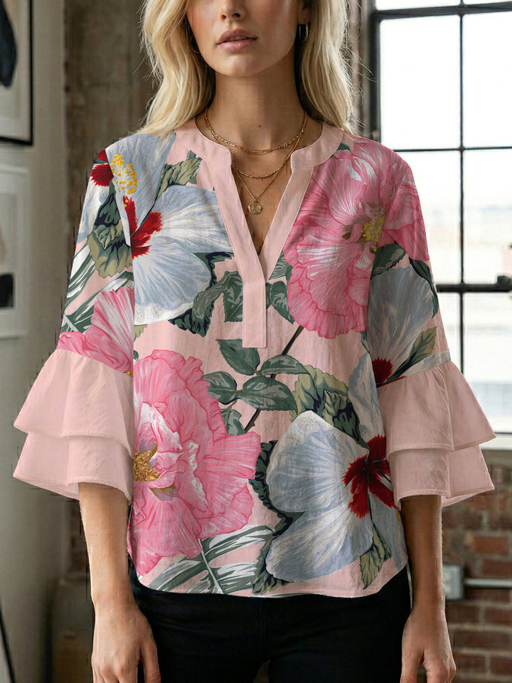 Damen Bluse mit voluminösen Rüschenärmeln und floralem Muster Drune