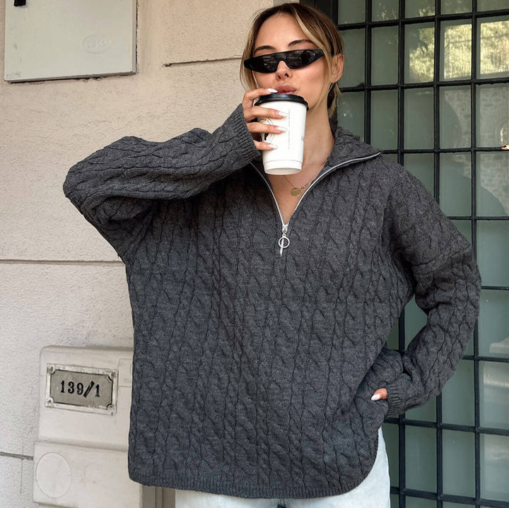 Damen lässiger Strickpullover mit Stehkragen und Reißverschluss Drune