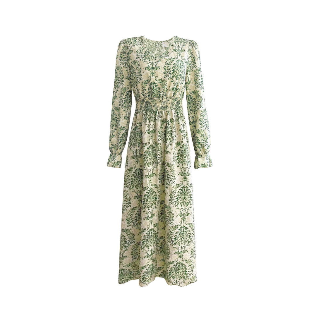 Damen Langes Maxikleid mit floralem Jacquard-Muster und voluminösen Ärmeln Drune