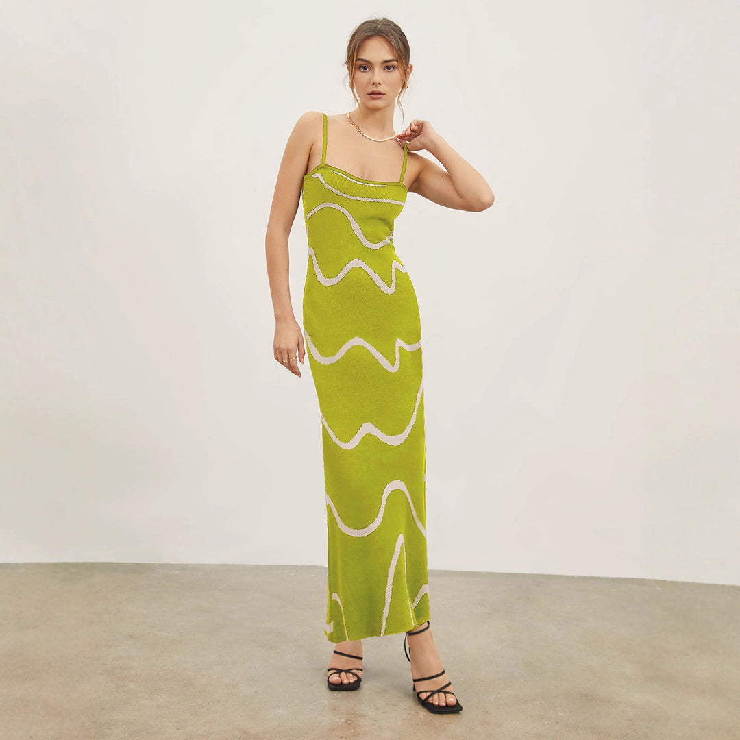 Damen Maxikleid mit modernem Wellenmuster und feinen Spaghettiträgern Drune