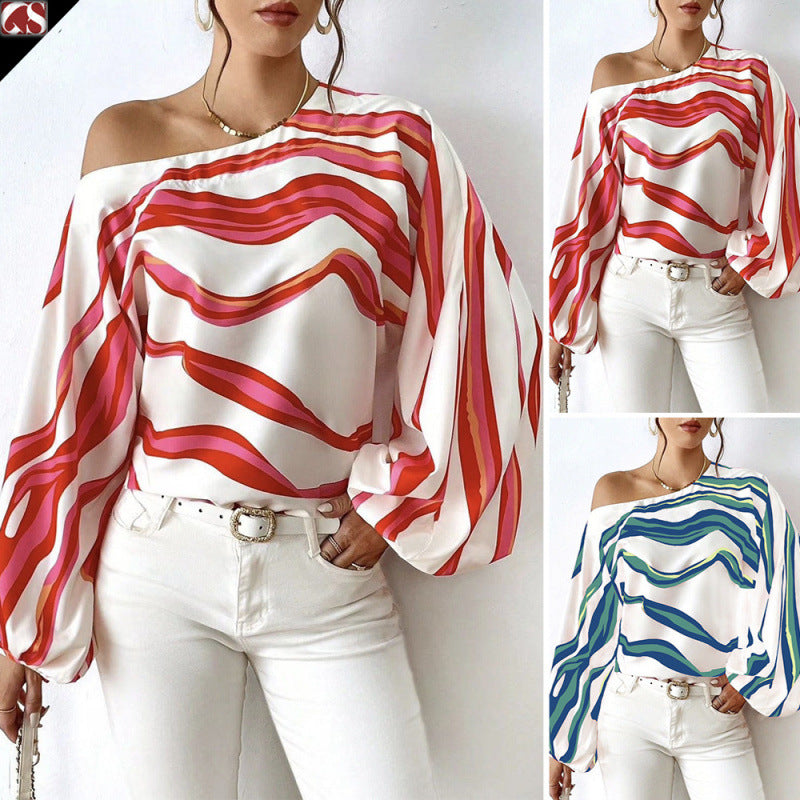 Damen Off-Shoulder Bluse mit kunstvollem Muster und voluminösen Ärmeln Drune