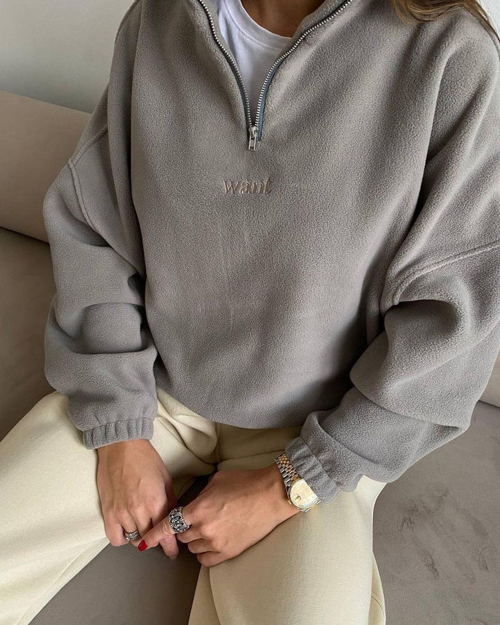 Damen modischer Fleece-Pullover mit Halb-Reißverschluss und überschnittenen Schultern Drune