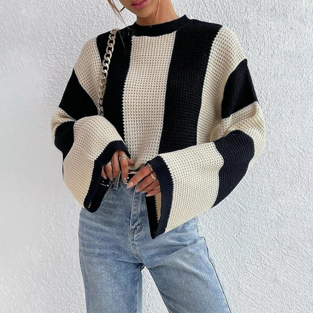 Damen lässiger Grobstrickpullover mit weitem Schnitt und Blockstreifen Drune