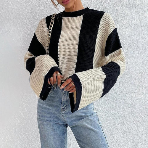 Damen lässiger Grobstrickpullover mit weitem Schnitt und Blockstreifen Drune