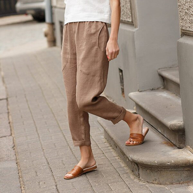 Damen nan leichte Leinenhose mit elastischem Bund, seitlichen Eingrifftaschen und gekrempeltem Saum Drune