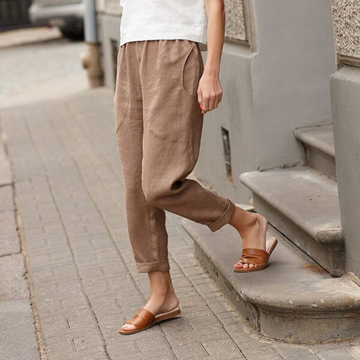 Damen nan leichte Leinenhose mit elastischem Bund, seitlichen Eingrifftaschen und gekrempeltem Saum Drune
