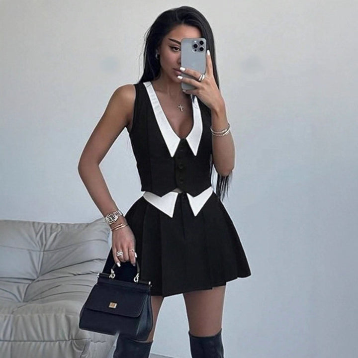 Damen schickes ärmelloses Blazer-Set mit Faltenrock Drune