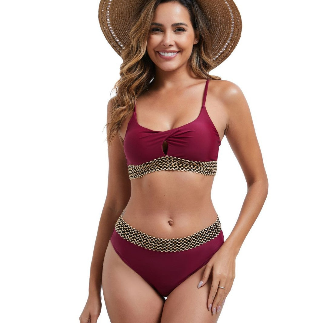 Damen Hoch tailliertes Bikini-Set mit dekorativem Knotendetail Drune