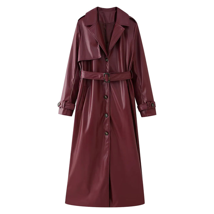 Damen eleganter Kunstleder-Trenchcoat mit Gürtel Drune