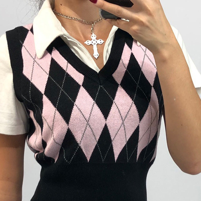 Damen cropped Stricktop mit modernem Rautenmuster Drune