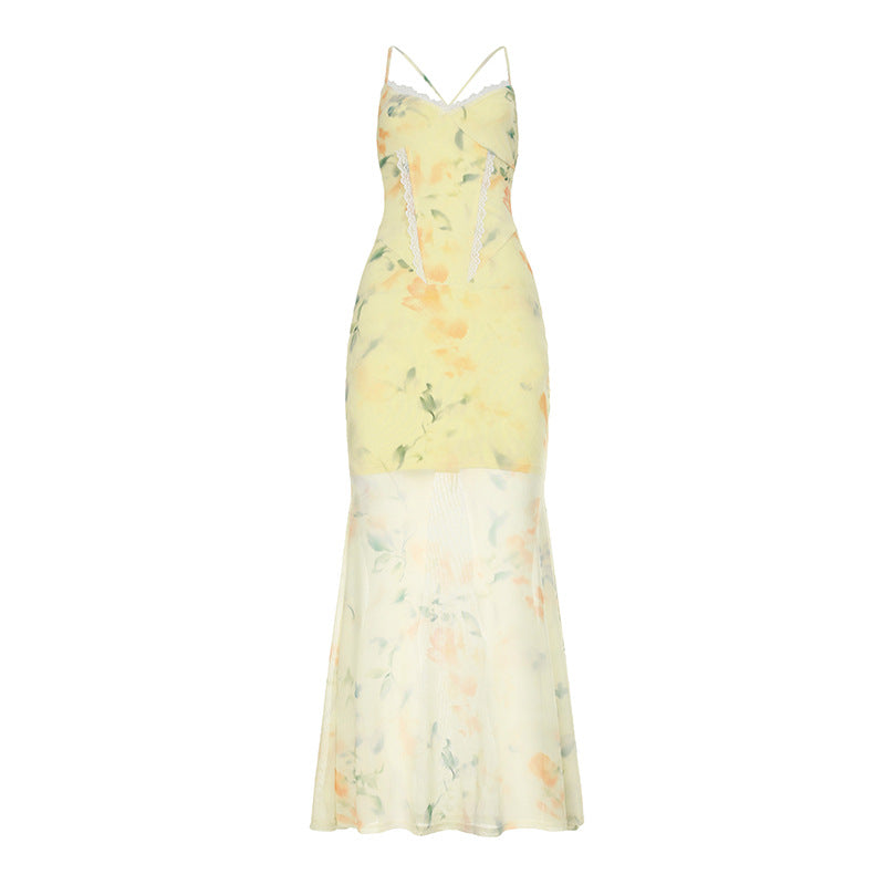 Damen Blumen Maxikleid mit raffinierten Spaghettiträgern und Spitzen-Akzenten Drune