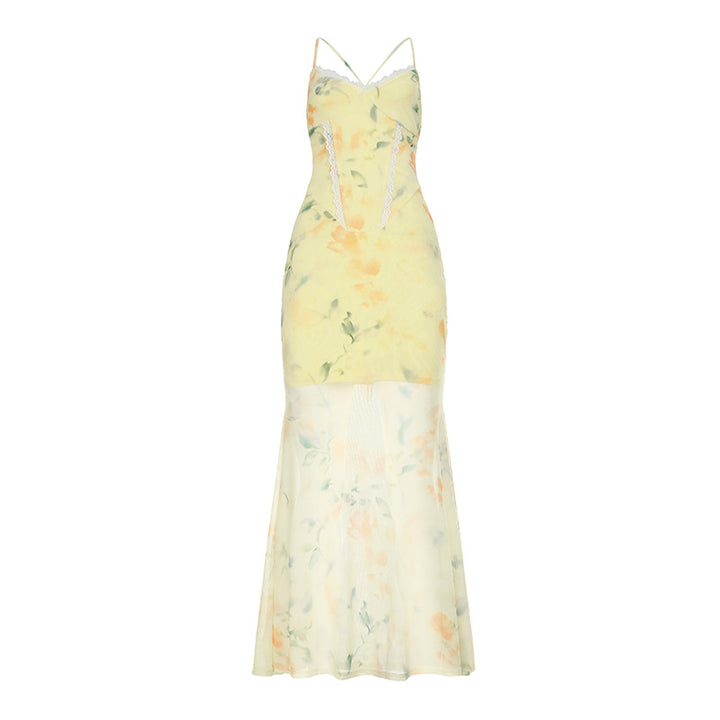 Damen Blumen Maxikleid mit raffinierten Spaghettiträgern und Spitzen-Akzenten Drune