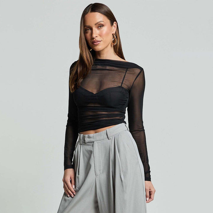 Damen Elegantes Langarmoberteil mit transparentem Mesh und Raffung Drune