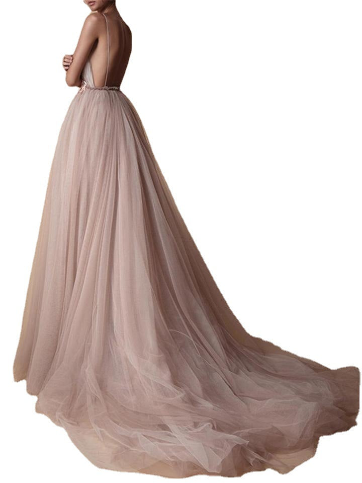 Damen Abendkleid mit tiefem V-Ausschnitt und floralen Applikationen Drune